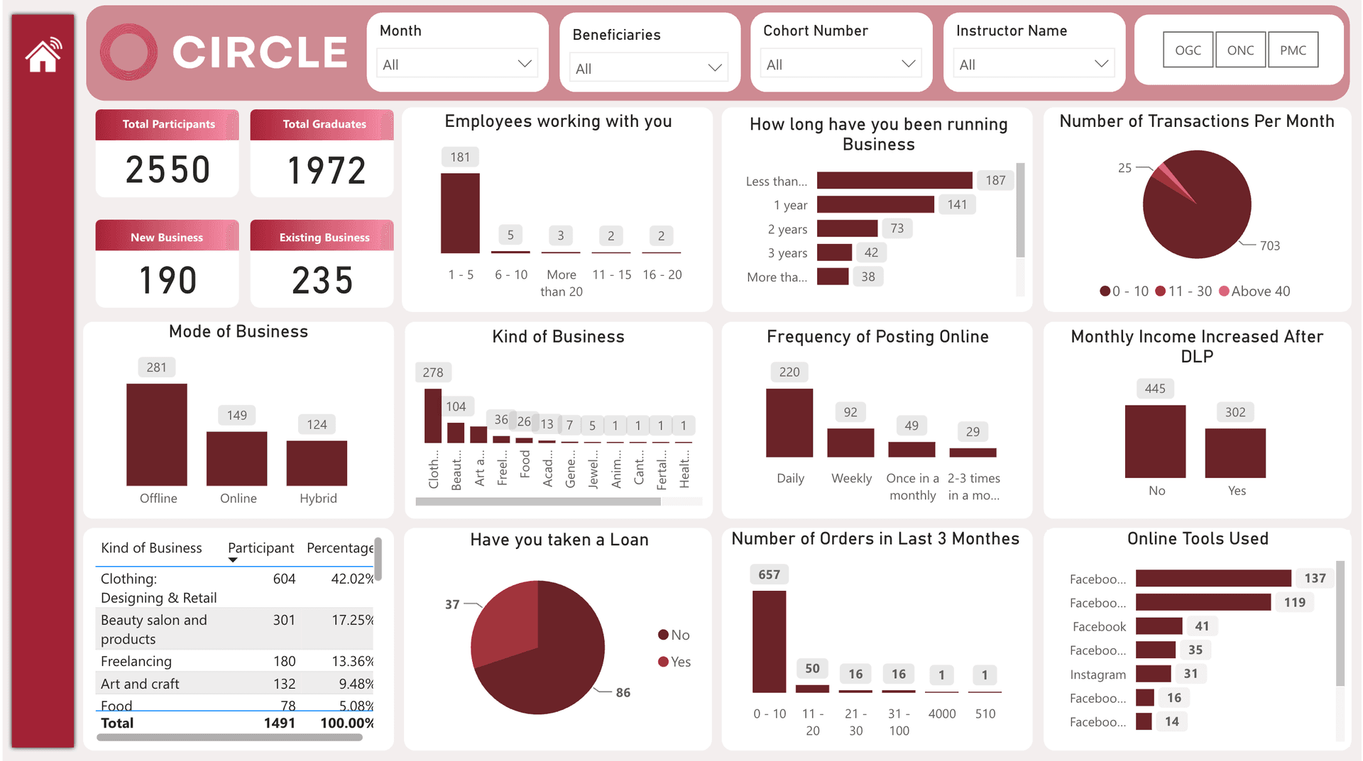 Power BI dashboard showing new and existing businesses, whether monthly income increased after the DLP, mode and kind of business, orders in the last three months, and online tools used.
