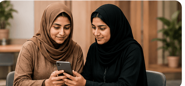 Two women using a smartphone together