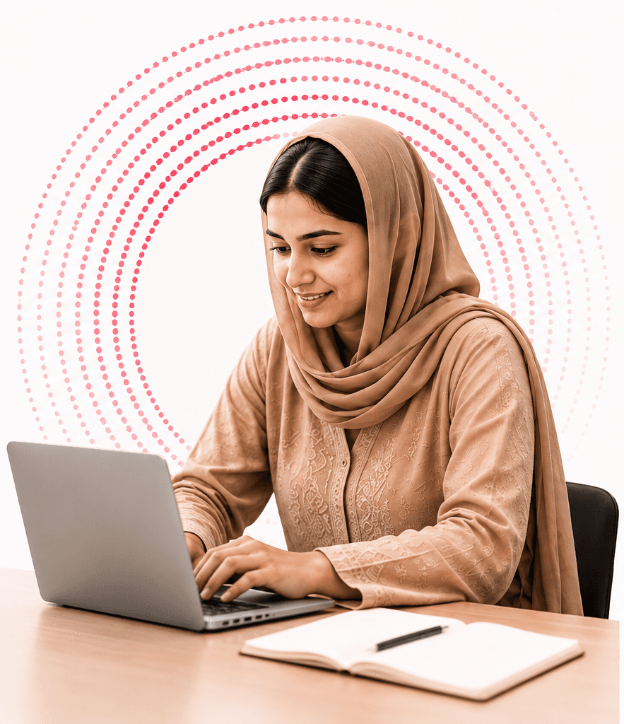 A Pakistani woman working confidently on a laptop, the CIRCLE ring motif behind her
