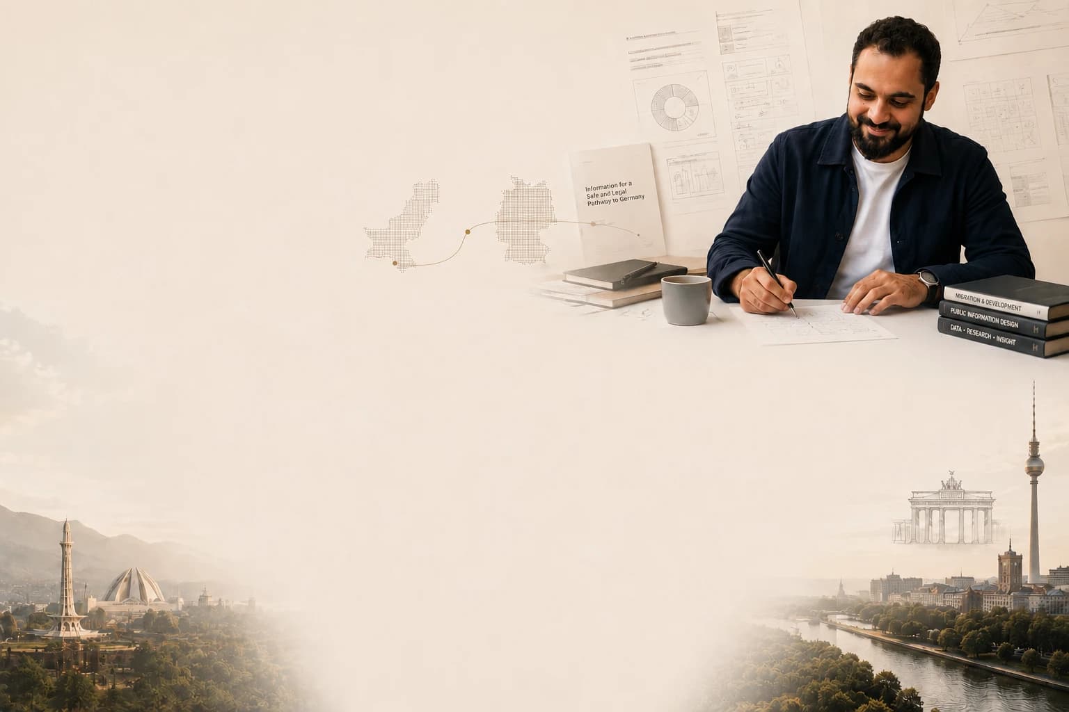 Ali Ahmed at his desk sketching public-information material — a dotted Pakistan-to-Germany route, a ‘Safe and Legal Pathway to Germany’ booklet, reference books, and the faint Lahore and Berlin skylines.