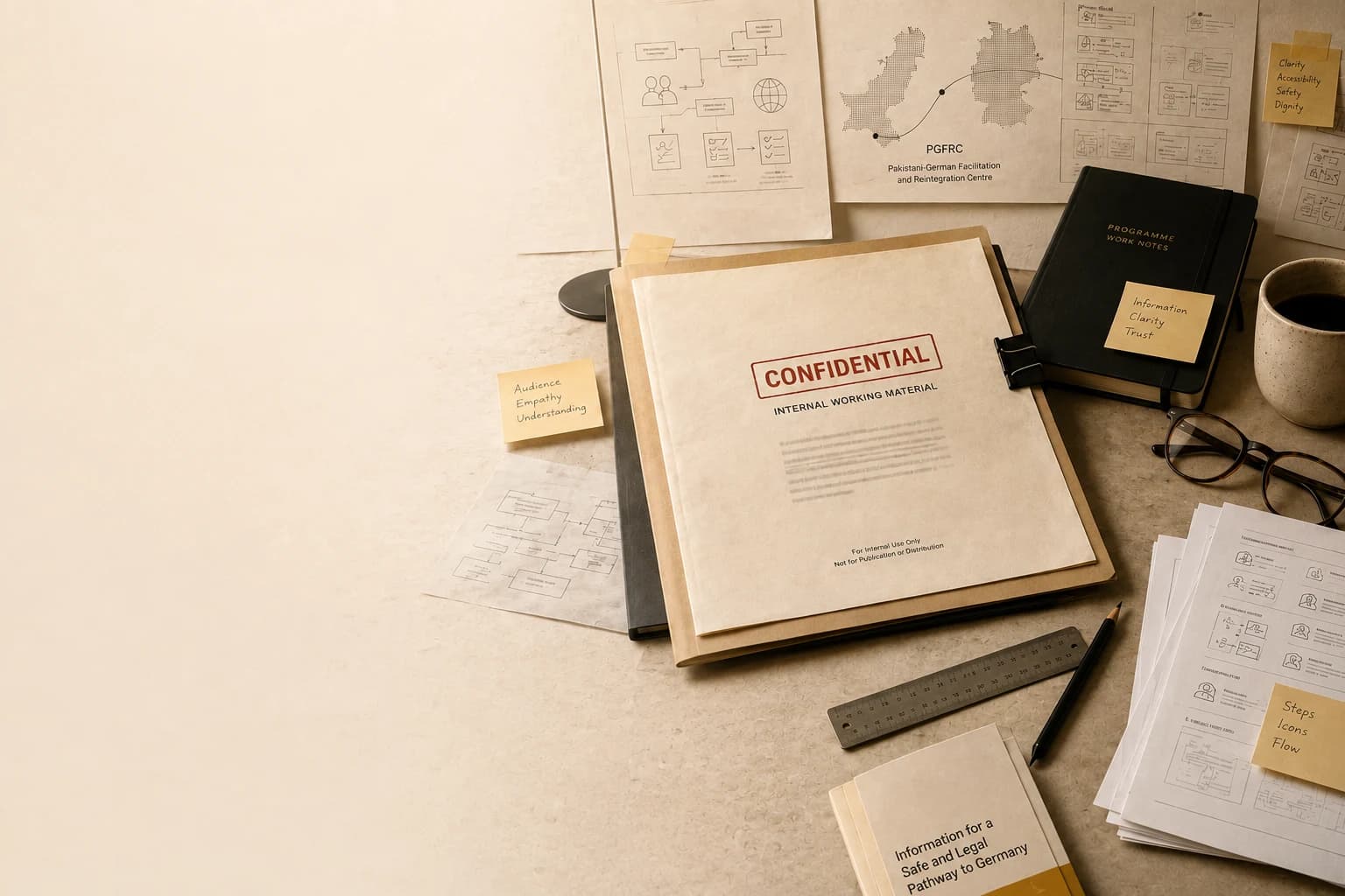 A desk of confidential programme materials — a folder stamped CONFIDENTIAL / Internal Working Material, a PGFRC sheet with the Pakistan-to-Germany route, programme work notes, research papers, glasses and a coffee mug.