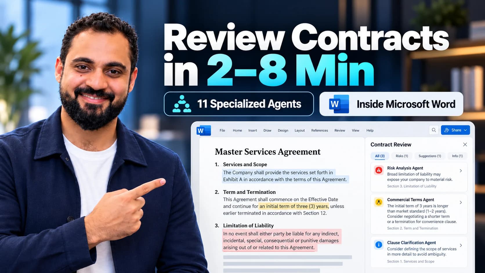 Ali Ahmed presenting Paralegent AI, with contract-review findings beside an agreement in Microsoft Word
