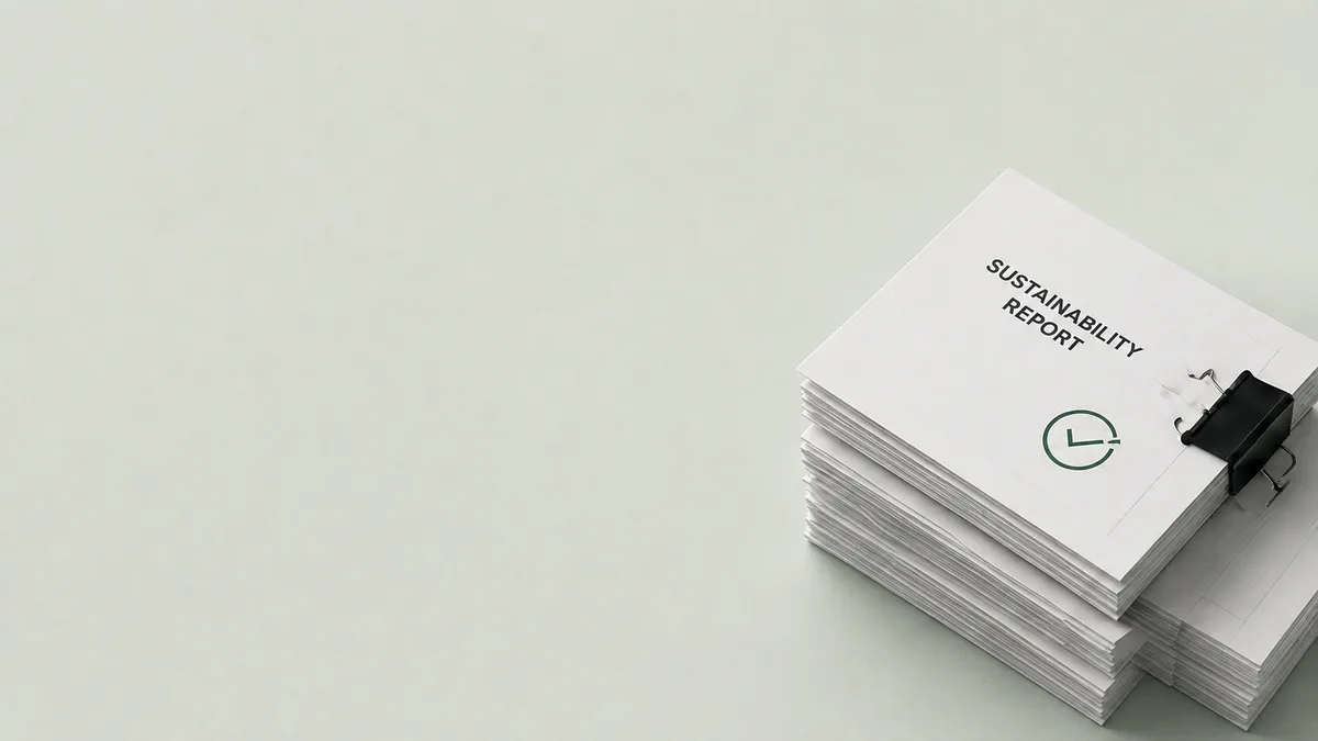 A clipped stack of printed sustainability reports.