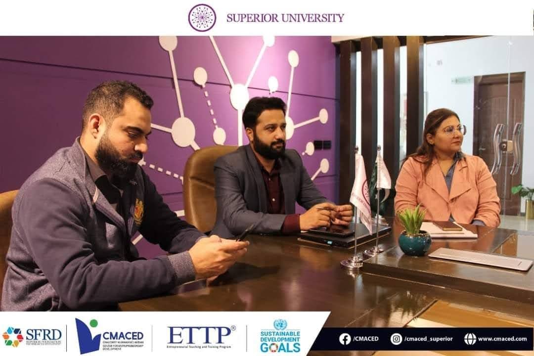 Ali Ahmed on the judging panel of a startup competition at Superior University’s CMACED