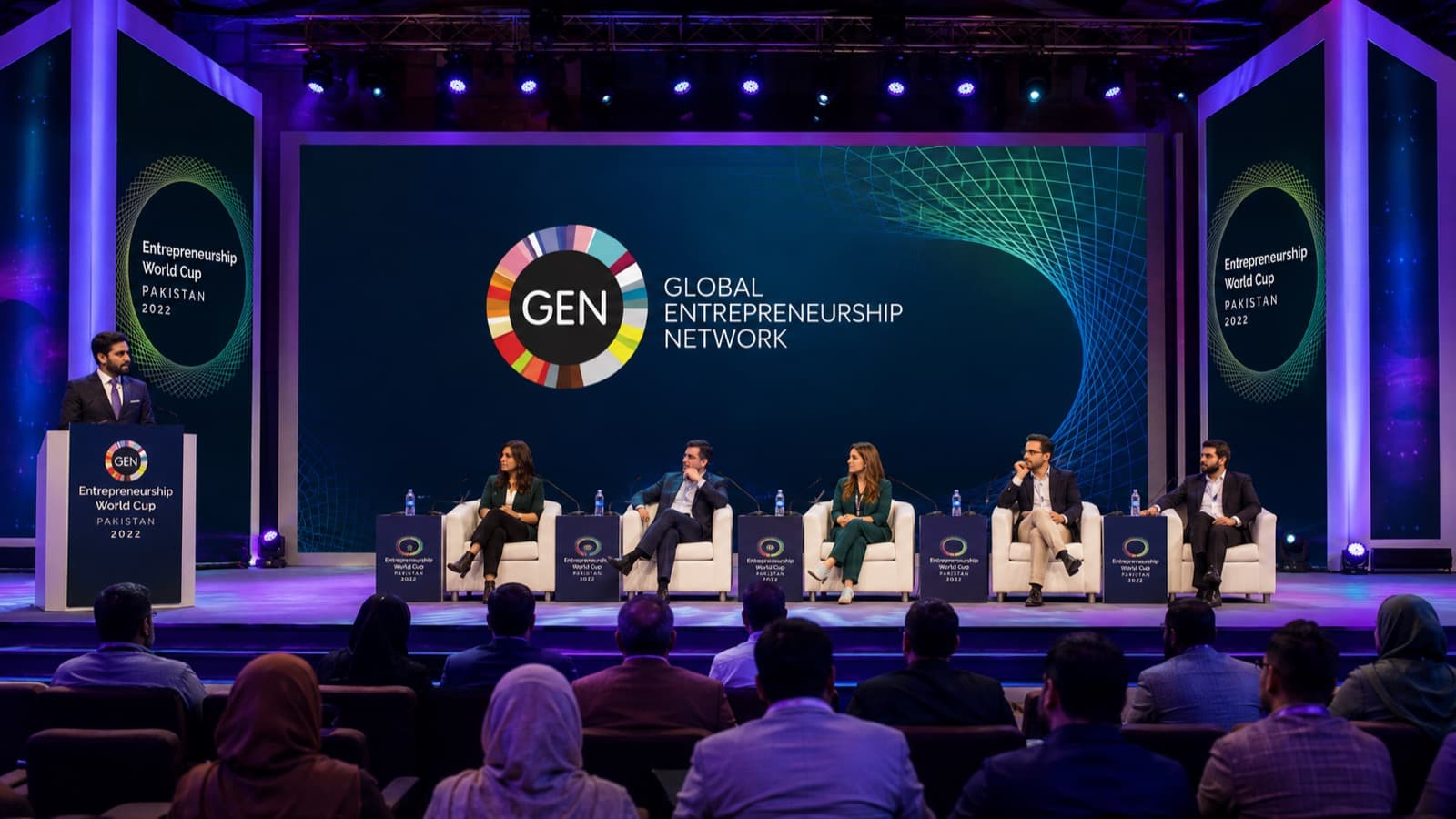 The Entrepreneurship World Cup Pakistan 2022 main stage — a panel under the Global Entrepreneurship Network backdrop before a seated audience