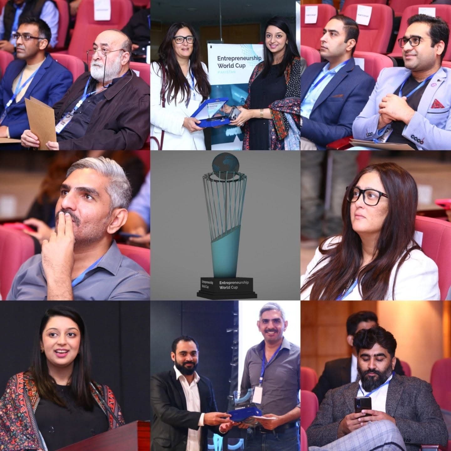 Collage of Entrepreneurship World Cup Pakistan National Finals moments — judges, audience, award presentations and the EWC trophy