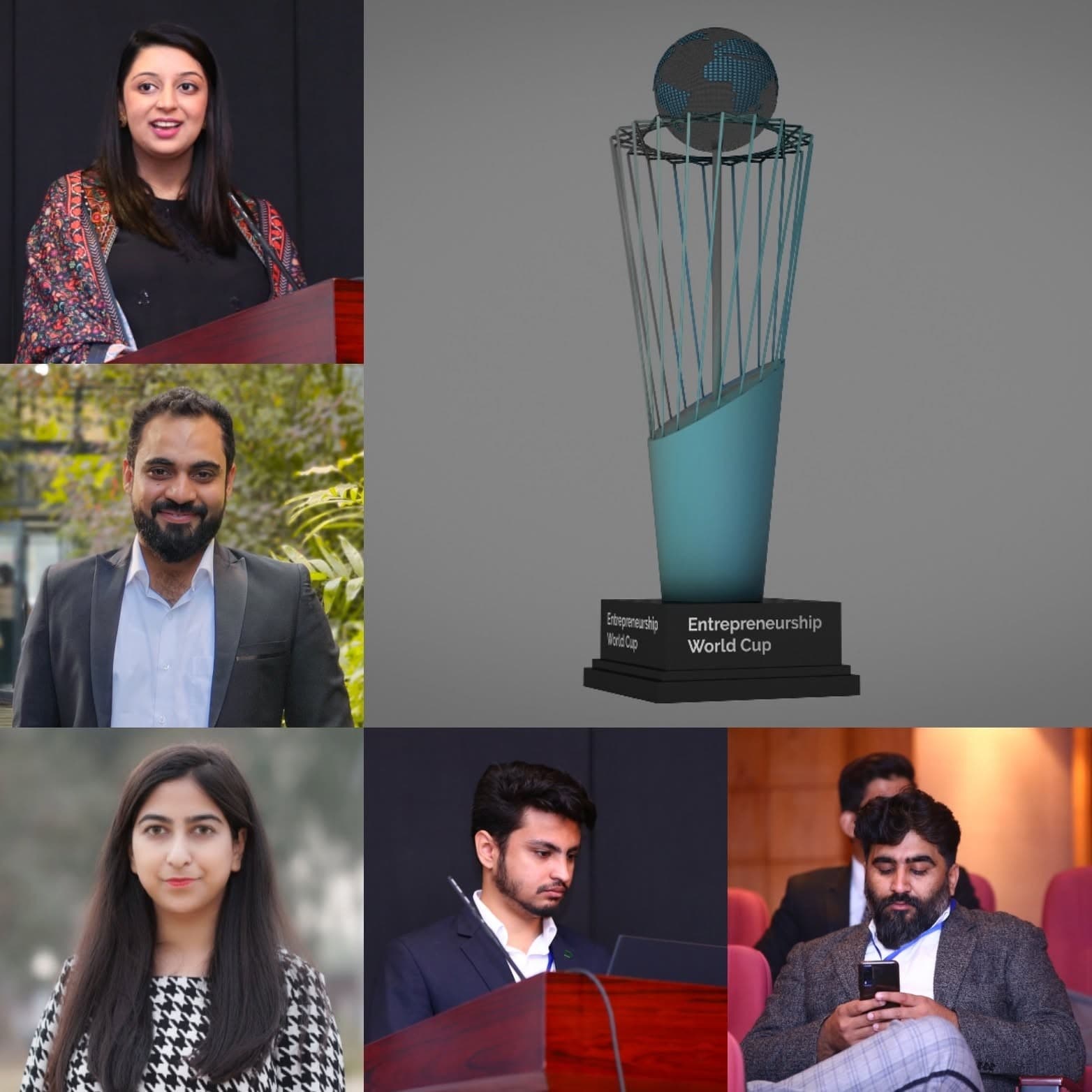 Entrepreneurship World Cup Pakistan organisers and judges alongside the EWC trophy
