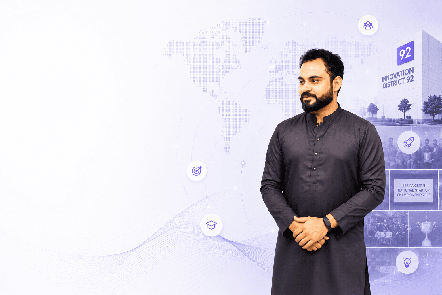 Ali Ahmed with the Innovation District 92 building and Entrepreneurship World Cup and SEE Pakistan event imagery