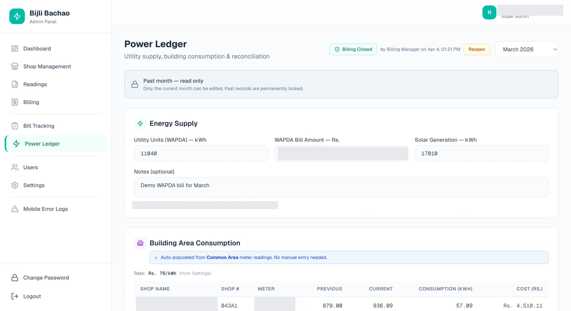 The TenantBill power ledger for a closed month. An energy-supply panel records the utility units drawn, the utility bill amount and on-site solar generation, with a note that the past month is read-only and permanently locked. Beneath it a building-area consumption table lists each common-area meter with previous and current readings, consumption and cost. The bill amount, shop names and meter serials are covered.