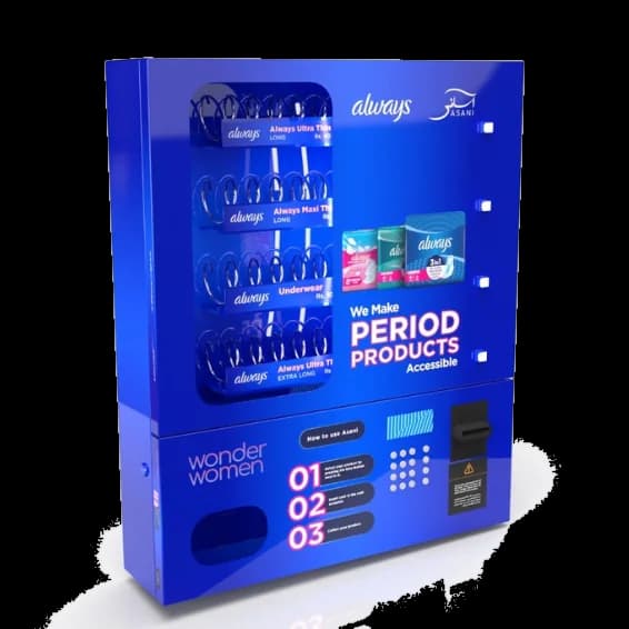 Always Asani co-branded sanitary-pad vending machine — Wonder Women × Procter & Gamble partnership