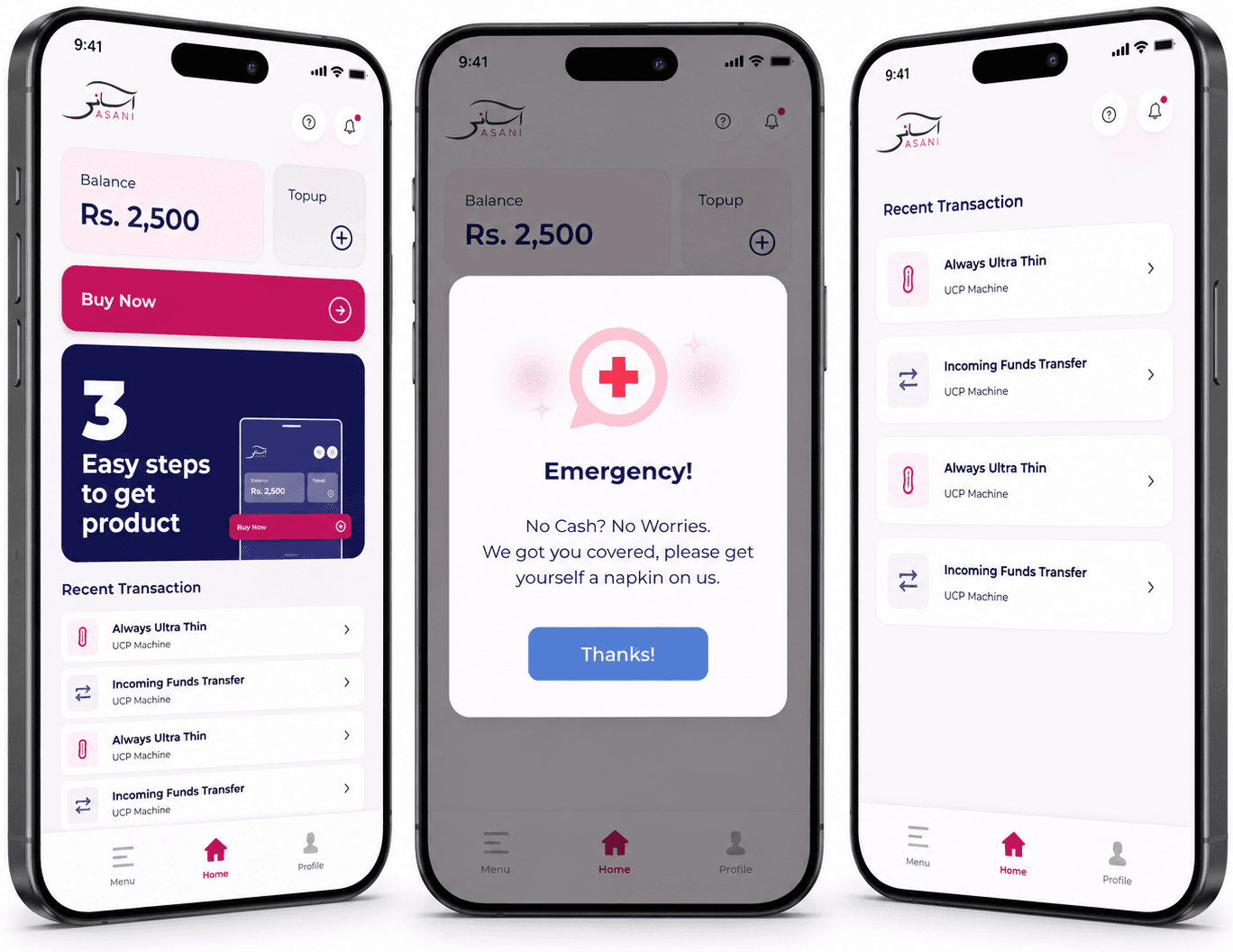 The ASANI mobile app — wallet home screen with the Emergency Pad credit modal