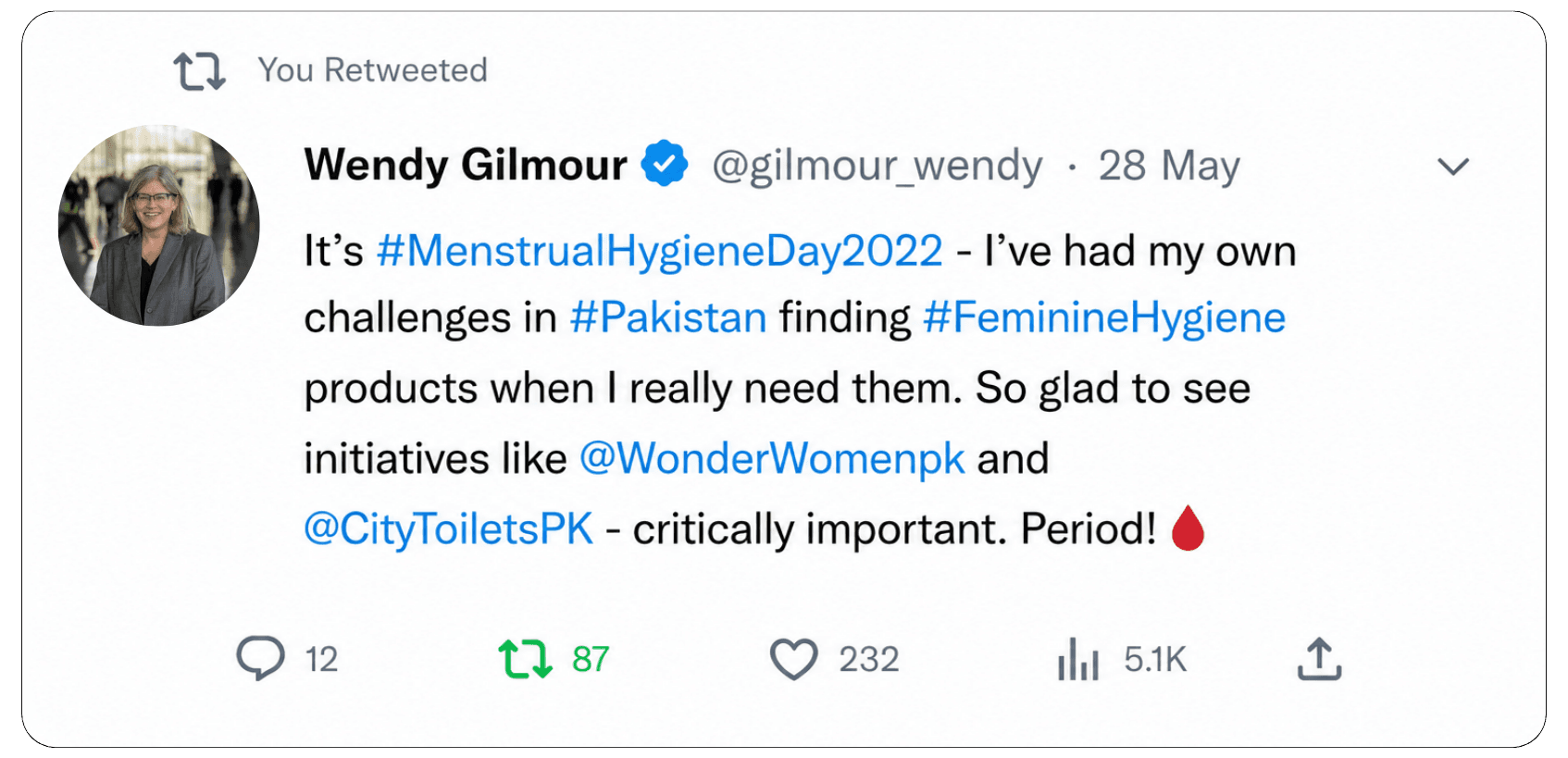 Tweet by Wendy Gilmour, Canadian High Commissioner to Pakistan, endorsing Wonder Women on Menstrual Hygiene Day 2022