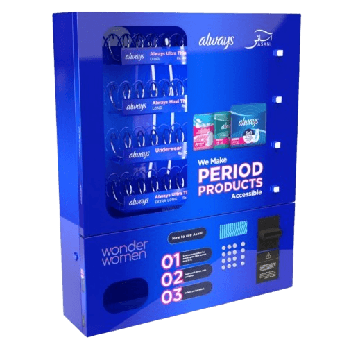 Always Asani — Wonder Women × Procter & Gamble co-branded sanitary-pad vending machine (blue)
