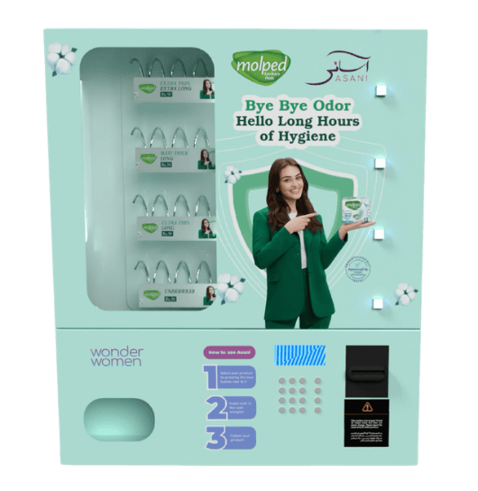 Molped Asani — Wonder Women × Hayat Kimya co-branded sanitary-pad vending machine (mint green)