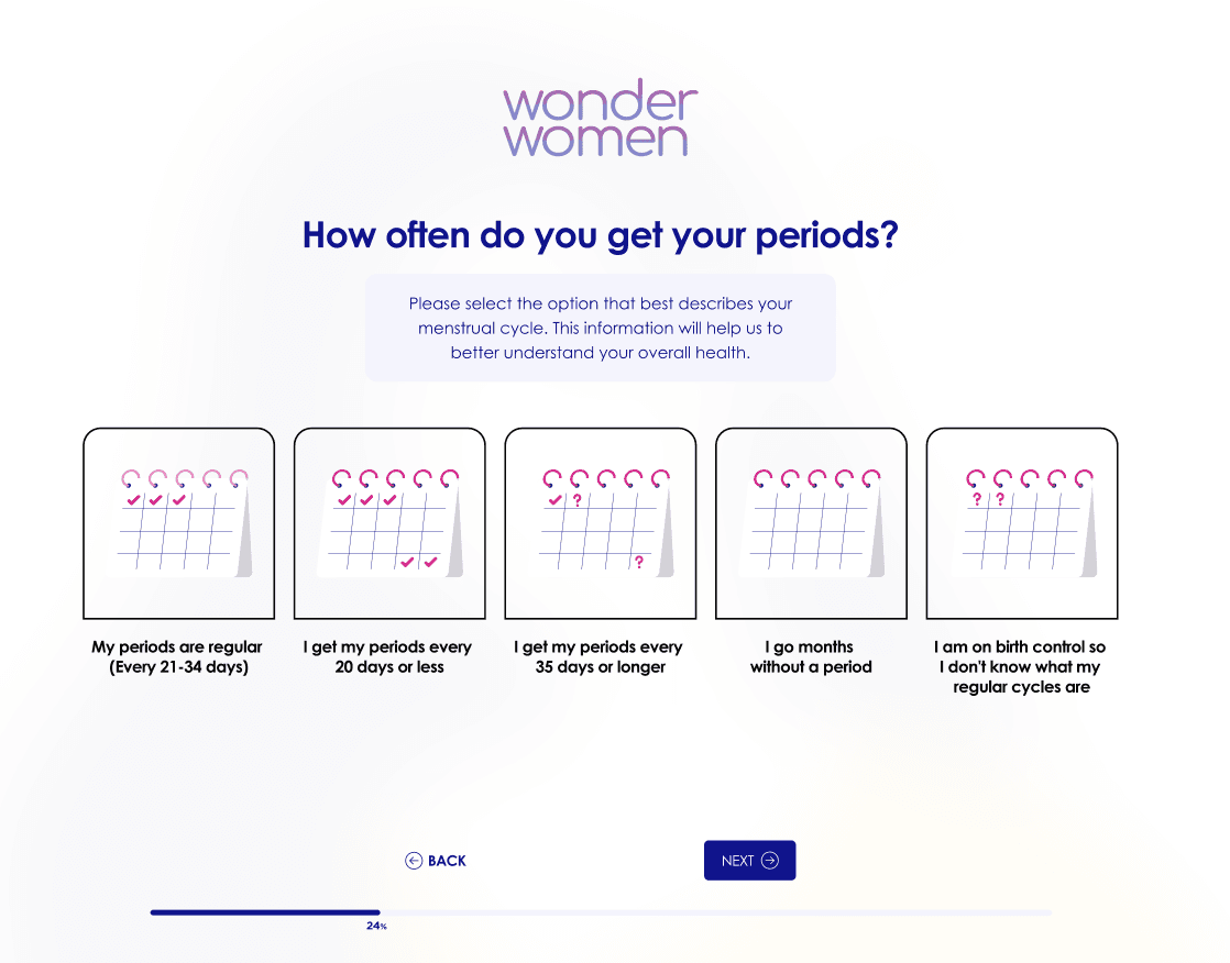 PCOS assessment — menstrual cycle frequency question with five calendar options